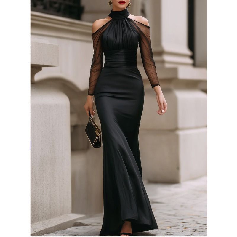 Freeacy 2026 Summer Fashion Women's Black Halter Mesh Mermaid Evening Gown Cold Shoulder High Waist Bodycon Party Dresses_ecoleips.com
