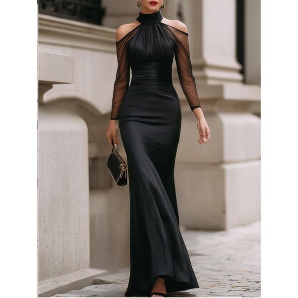 Freeacy 2026 Summer Fashion Women's Black Halter Mesh Mermaid Evening Gown Cold Shoulder High Waist Bodycon Party Dresses_ecoleips.com