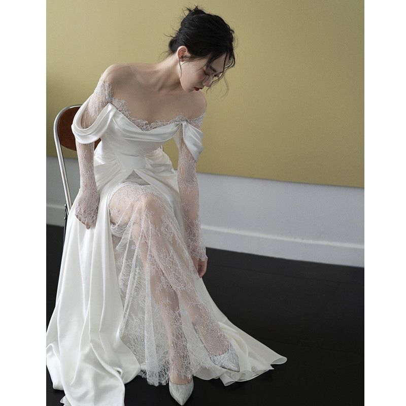 Women's Clothing White Retro Style Travel Photography Light Wedding Dress French Lace Short Train Simple Bridal Reception Dress_ecoleips.com