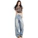 Light Blue American Street Worn White Ripped Straight Jeans For Women's Autumn And Winter New Style, Loose High Waist_ecoleips.com