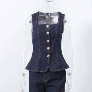 K Women's Button Up High Waisted Denim Top And Pants Set_ecoleips.com