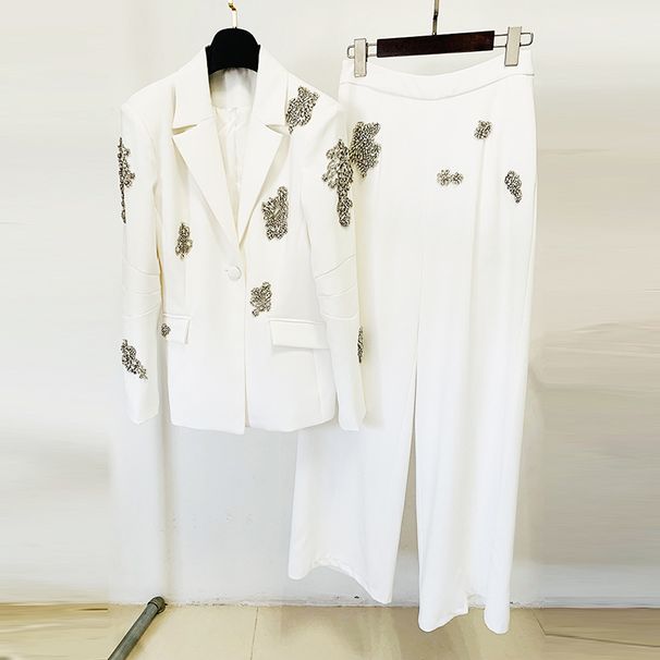 Women's clothing fashion new heavy beaded diamond one-button suit jacket wide-leg pants suit two pieces_ecoleips.com