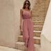 Women's Solid Color Cinched Waist Wide Leg Halter Jumpsuit – Casual Office Summer Romper_ecoleips.com