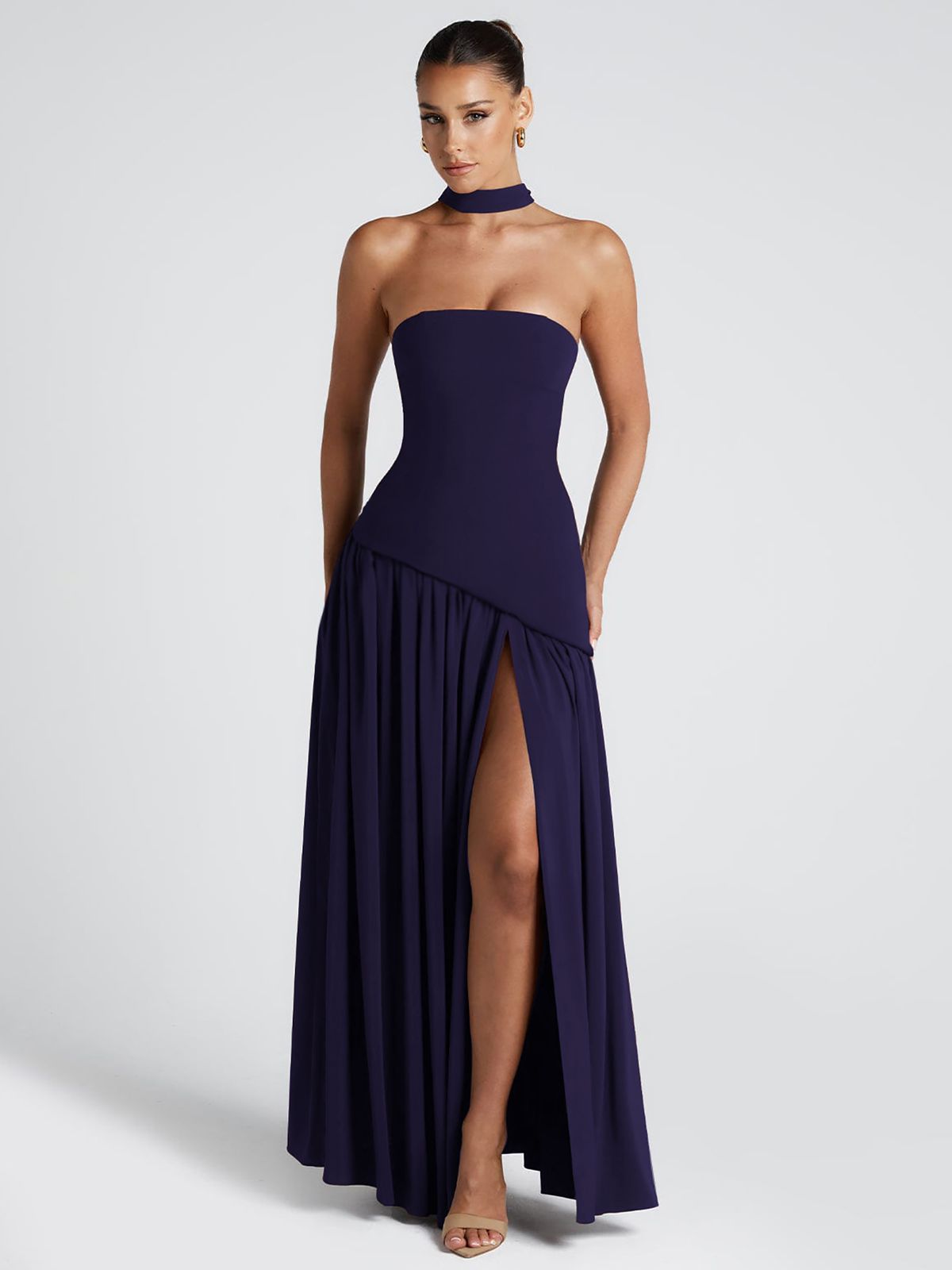 Hugcitar Elegant Solid Strapless Ribbon Backless Sexy Slit Pleated Maxi Prom Dress Women New Clotheds Evening Party Festival_ecoleips.com