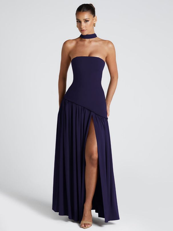 Hugcitar Elegant Solid Strapless Ribbon Backless Sexy Slit Pleated Maxi Prom Dress Women New Clotheds Evening Party Festival_ecoleips.com