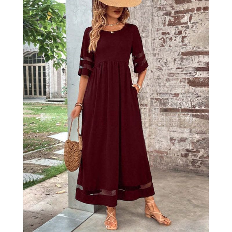 plus Size Women's Patchwork Dress With Five-Sleeve Mesh Round Neck And Pockets Hot Selling Cross Border Foreign Trade 2026_ecoleips.com