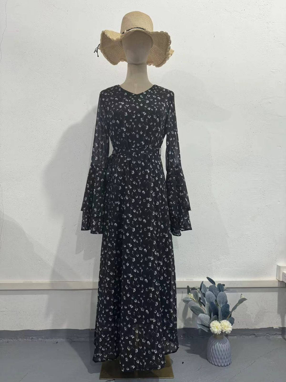 Women's Clothing New Chiffon Print Lotus Sleeve Temperament Long Splicing Irregular Dress_ecoleips.com