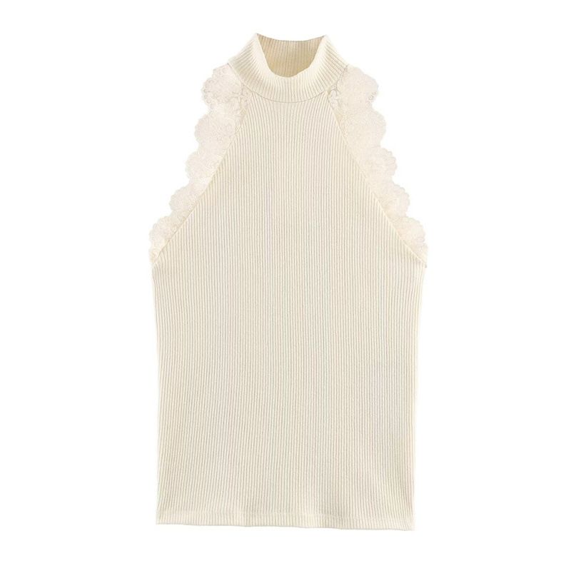 Aria Basics Aria Basics European And American Style Half-high Collar Lace Spliced Ribbed Tank Top, New Spring Fashion Versatile Slim-fit Hot_ecoleips.com