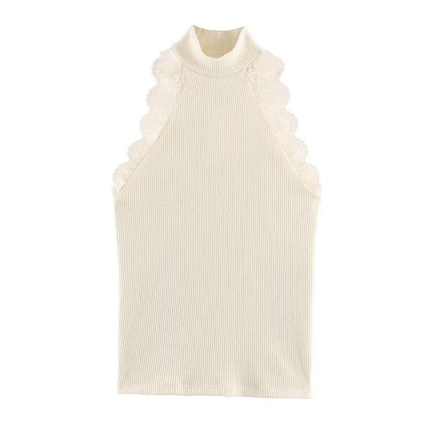 Aria Basics Aria Basics European And American Style Half-high Collar Lace Spliced Ribbed Tank Top, New Spring Fashion Versatile Slim-fit Hot_ecoleips.com