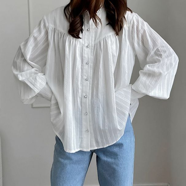 French-Style White Shirt With Vertical Collar And Wooden Edge, Long Sleeves For Women In Spring And Autumn, Stylish And_ecoleips.com