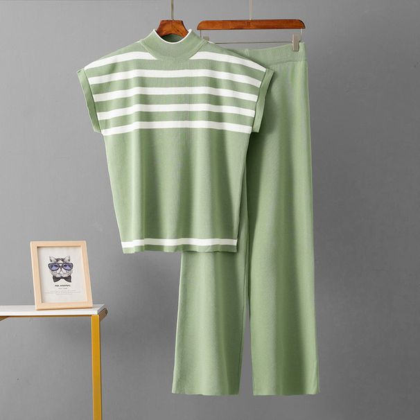 Striped Fashion Set For Women Casual Loose Knitted Wide Leg Pants Two Piece Set Summer_ecoleips.com