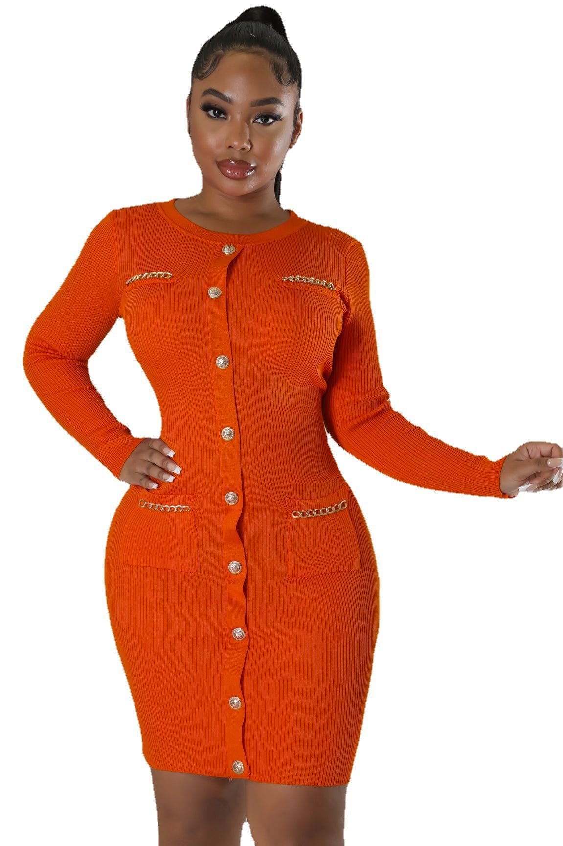 Women's Clothing Fashion Wool Round Neck Knitted Slim Dress_ecoleips.com
