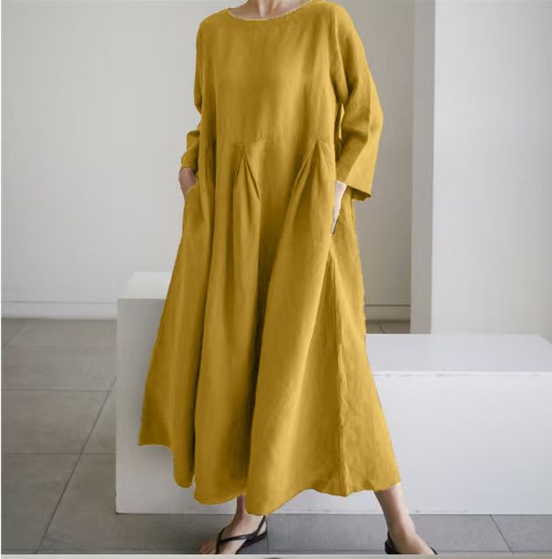 Women's Clothing Cotton And Linen Loose Round Neck Fashion Large Size Short Sleeve Dress_ecoleips.com