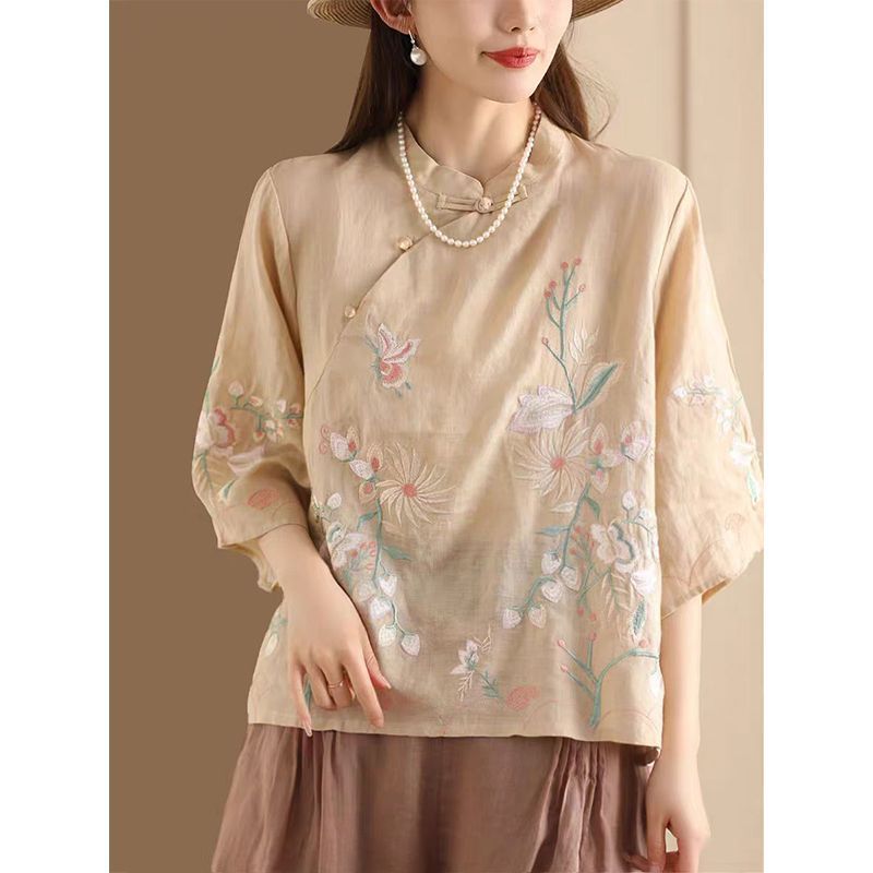 A Women's Shirt With A Retro Artistic Design, Featuring Seven-Quarter Sleeves And A Traditional Chinese Style; Suitable_ecoleips.com