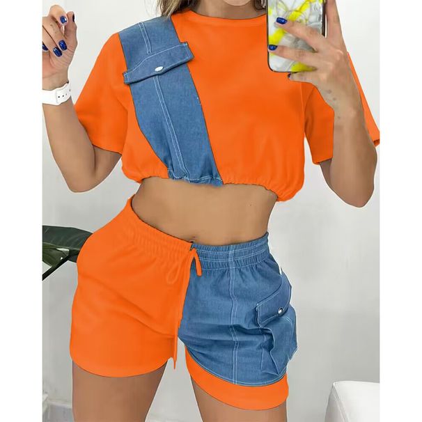 Women's Clothing Summer New Fashion Denim Splicing Navel Baring Short Sleeved Shorts Two Piece Suit_ecoleips.com