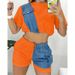 Women's Clothing Summer New Fashion Denim Splicing Navel Baring Short Sleeved Shorts Two Piece Suit_ecoleips.com