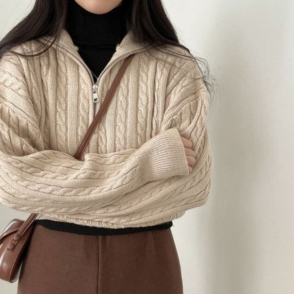 Vintage-Inspired Knitted Sweater With Braided Design, Women's Autumn/Winter Casual Long-Sleeve Top In Korean-Style Zippe_ecoleips.com