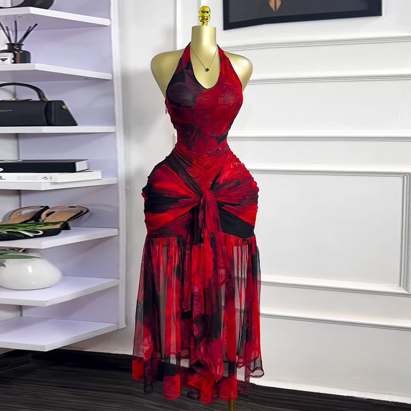 Women's Clothing Summer New Sweet And Fresh Printed Mesh Halter Neck High End Temperament Lace Up Dress Long Skirt_ecoleips.com