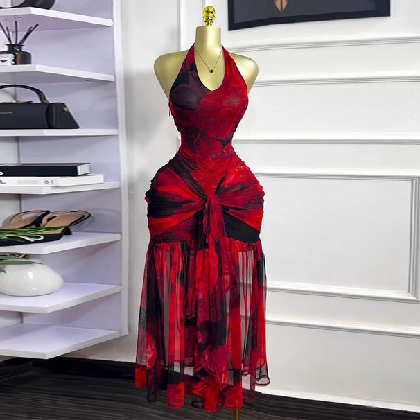 Women's Clothing Summer New Sweet And Fresh Printed Mesh Halter Neck High End Temperament Lace Up Dress Long Skirt_ecoleips.com