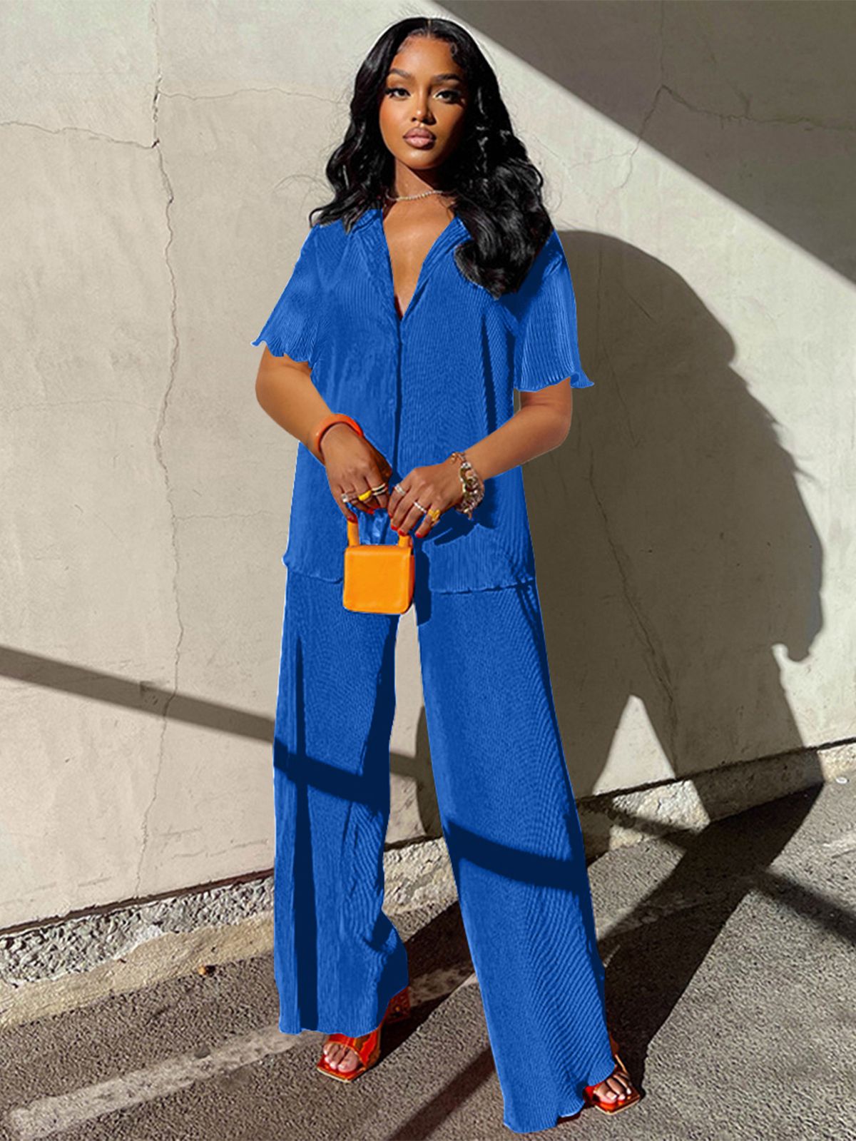 Women's Clothing Loose Casual Spring And Summer Fashion Pleated Short Sleeved Shirt Wide Leg Trousers Two Piece Set_ecoleips.com