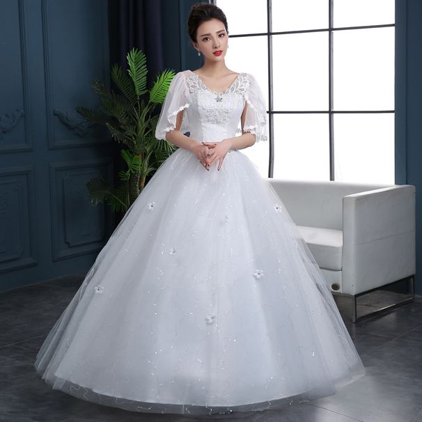 2025 Summer And Autumn New Plus Mid-Sleeve Lace Large Size Simple Off-Shoulder Floor-Length Slimming Wedding Dress_ecoleips.com