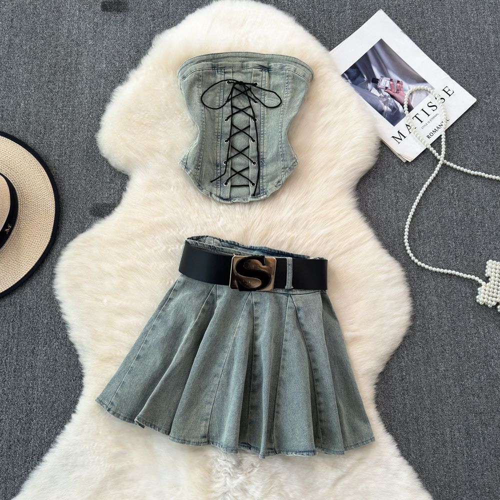 Women's Clothing Retro Denim Suit Feminine Hottie Top Anti Exposure A Line Hottie Pleated Skirt Two Piece Suit_ecoleips.com