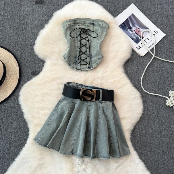 Women's Clothing Retro Denim Suit Feminine Hottie Top Anti Exposure A Line Hottie Pleated Skirt Two Piece Suit_ecoleips.com