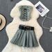 Women's Clothing Retro Denim Suit Feminine Hottie Top Anti Exposure A Line Hottie Pleated Skirt Two Piece Suit_ecoleips.com