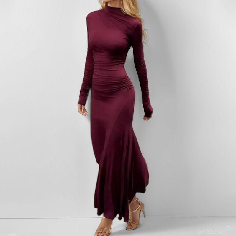 Women's Burgundy Elegant Round Neck Pleated Slim Fit Long Sleeve Bodycon Dress_ecoleips.com