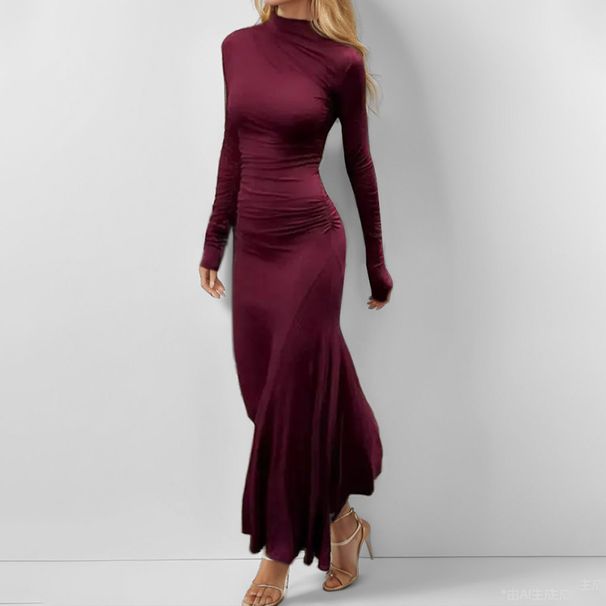 Women's Burgundy Elegant Round Neck Pleated Slim Fit Long Sleeve Bodycon Dress_ecoleips.com