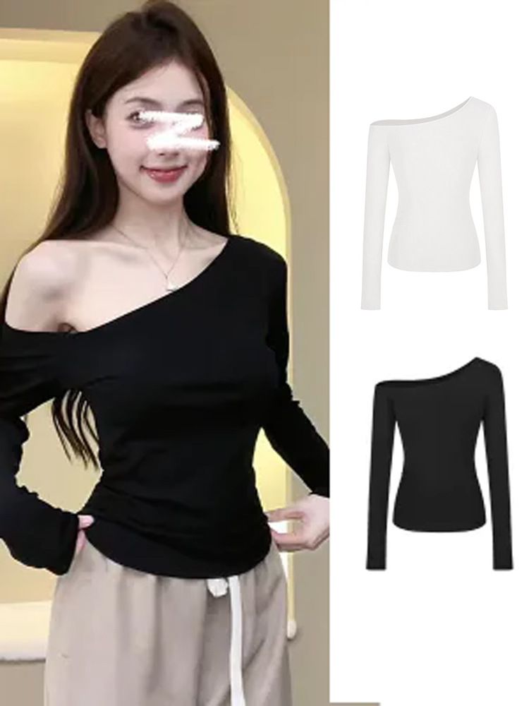 Black, Slimming-Style Dress For Stylish Girls A Korean-Inspired Women's Garment Featuring Slanted Shoulders, Long Slee_ecoleips.com