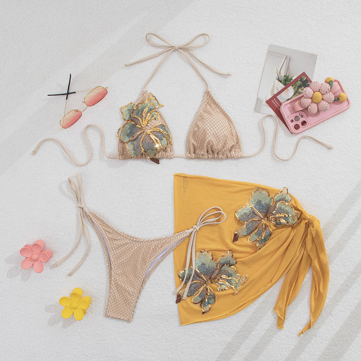 High Waist 3 Piece Bikini Set Sexy Floral Print Swimwear Adjustable Straps Removable Padding Women's Beach Swimsuit_ecoleips.com