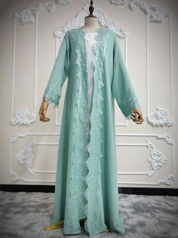 Muslim Dress Women Elegant Long-Sleeve Lace Trim Abaya Dress For Women – Modest Muslim Fashion With Embellished Detailing_ecoleips.com