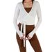 Women Sexy Wrap Crop Tops Tees Long Sleeve Deep V Neck Tie Workout Ballet Pilates Yoga T-Shirts With Thumb Holes Cropped Tops_ecoleips.com
