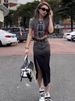 European Fashion Brand Trendy For Women Summer Short Letter Print T-Shirt High Waist Split Denim Skirt Two-Piece Set_ecoleips.com