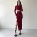 2025 Spring Summer New Women's Fashion Solid Color Casual Round Neck Sleeve Top Slim Tie Long Dress Set_ecoleips.com