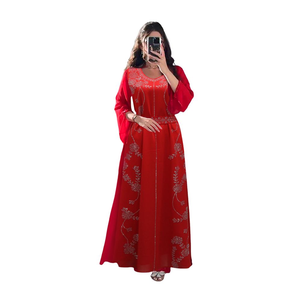 Modest Abaya Dress Evening Gown –Elegant Long Sleeve Party Dress With Crystal Embroidery & Belt – Modest Formal Abaya For Women’s Banquet & Celebratio_ecoleips.com