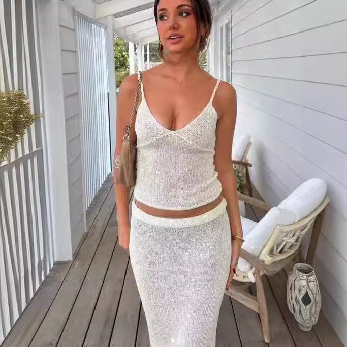 Women's Casual Beach Suit Sexy Off-Shoulder Dress Set with Suspender V Skirt Long Summer Dress European American Style_ecoleips.com
