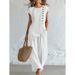 Women's Bohemian Two-Piece Set Round Neck Button Down Short Sleeve Top And Wide Leg Pants Beach Vacation American Style_ecoleips.com