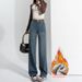 High-waisted Denim With Leather Label Design For Women, Fleece-lined, Wide-leg, Slimming, 2026 Winter New Style, Warm,_ecoleips.com