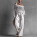 Women's Spring/Summer Two Piece Set Hollow Out Knit Top With Cotton Linen Pants Style_ecoleips.com