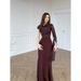 Elegant One-Shoulder Flowy Maxi Dress - Stretchy Polyester Blend, Slit Detail, Flattering Fishtail Hem For Women_ecoleips.com