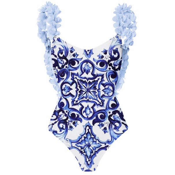 Women's One Piece Swimsuit Backless Appliqué Porcelain Print Blue White Swimwear For Vacation And Summer_ecoleips.com