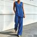 Women's Casual V-Neck Cotton Linen Top And Wide Leg Pants Two-Piece Set Fashion For Comfortable Style_ecoleips.com