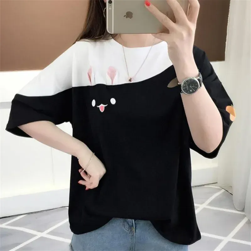 T-shirt Color Blocked Korean Fashion Women's Cute Top Pink Girl Summer Camisetas Ropa De Mujer Blusas 2024 T-shirt_ecoleips.com