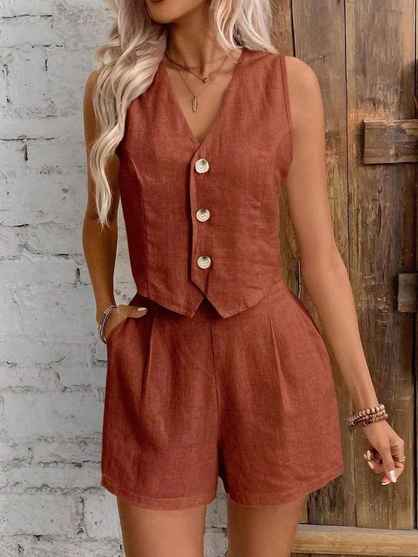 Men's Linen Button Front Vest & Shorts Set – Breathable Summer Outfit For Casual & Streetwear_ecoleips.com
