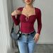 Voya Spring And Summer New French Retro Square Neck Long Sleeved Slim Pleated Top For Women's Clothing, Wine Red Niche Design Base Shirt_ecoleips.com