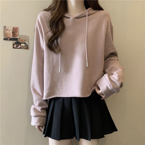 Foreign Trade European And Style Solid Color American Minimalist Hooded Sweatshirt For Women, Cotton, Loose Fit,_ecoleips.com