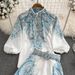 Women's Premium Selection Fashion Set Stand Collar Loose Lantern Sleeve Position Print High Waist Two Piece Shirt_ecoleips.com
