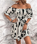 Mini Dress Spring Summer Women Black White Abstract Off Shoulder Puff Sleeve Casual Chic Vacation Beach Dress_ecoleips.com